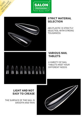 Professional ABS Sharp Shape Fake Nails Full Clear Acrylic เท็ดเล็บเท็จ 12 ขนาด สําหรับบ้าน DIY